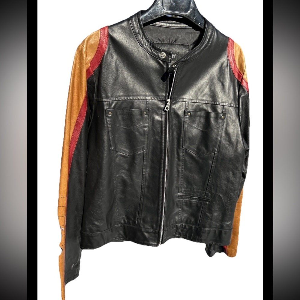 Men’s Black Italian Leather Motorcycle-style Jacket Front Pockets Zipper Size L
